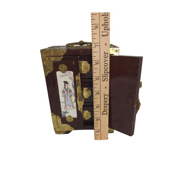 Vintage Chinese Jewelry Box Cabinet Hand Painted Panels Brass Trim - Picture 10 of 10